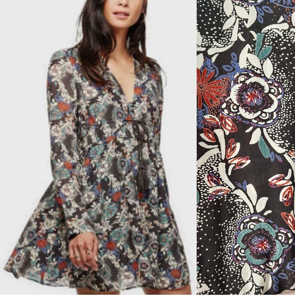 Free People Stealing Fire Fall Floral Print Long Sleeve Empire Waist Mini Dress - Picture 1 of 15